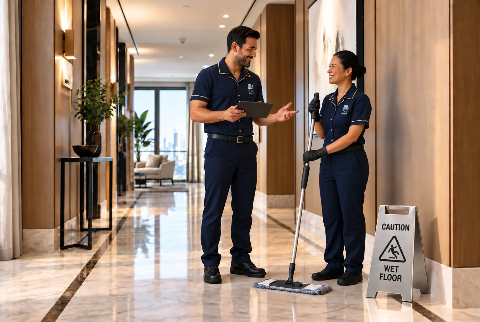 Supervisor guiding a housekeeper beside a janitorial cart