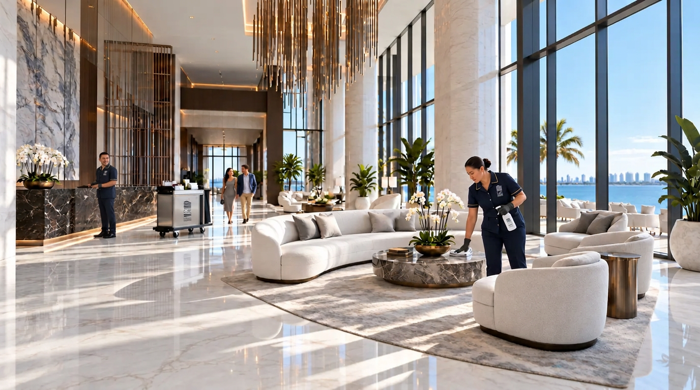 Inside the condominium lobby: marble floors, seating, tables and windows