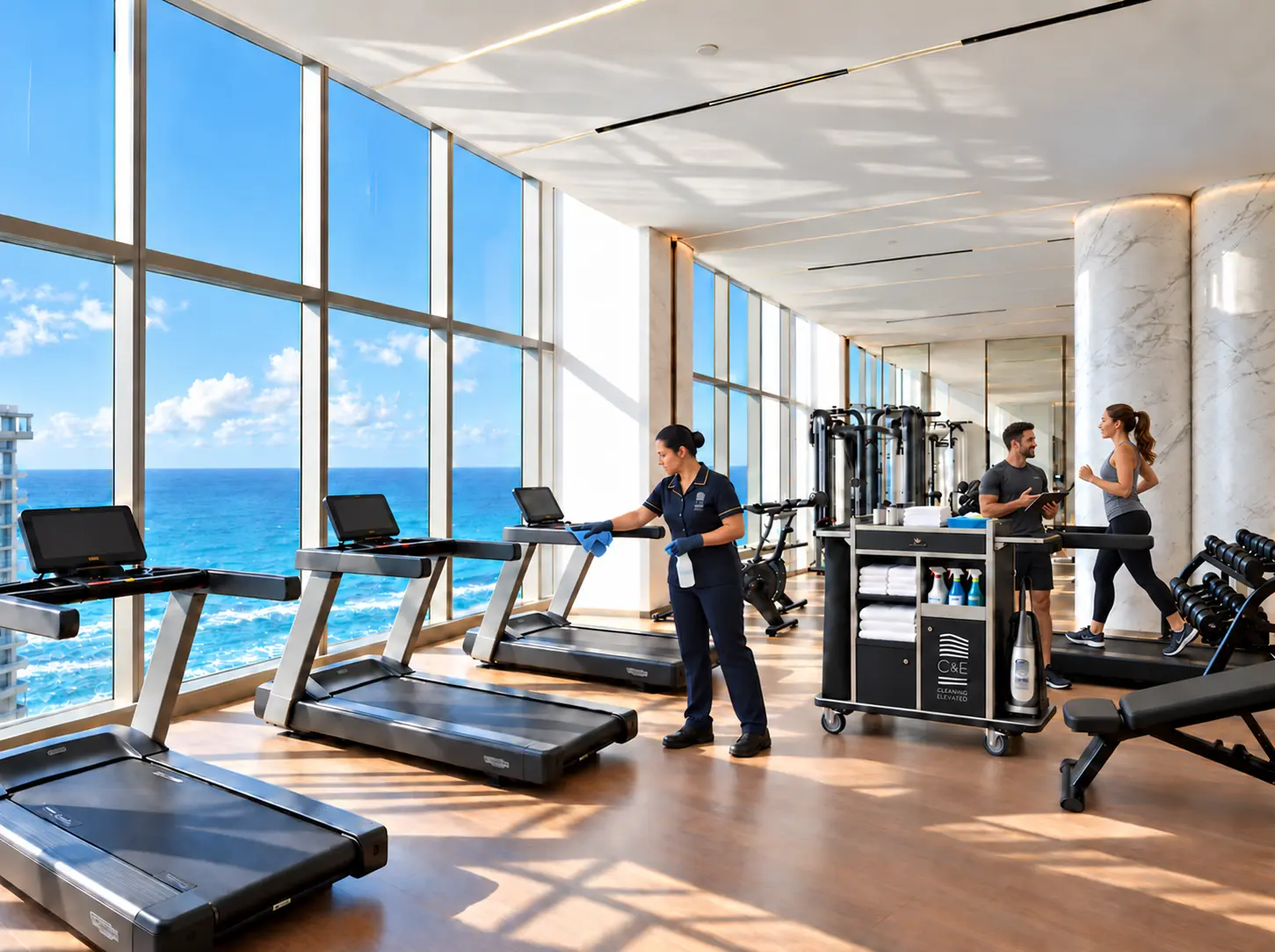 C&E housekeeper wiping a treadmill while a resident jogs in an oceanfront condominium gym