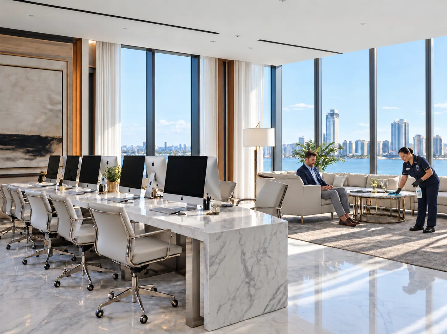 Resident working in a marble business center while a C&E housekeeper wipes a table