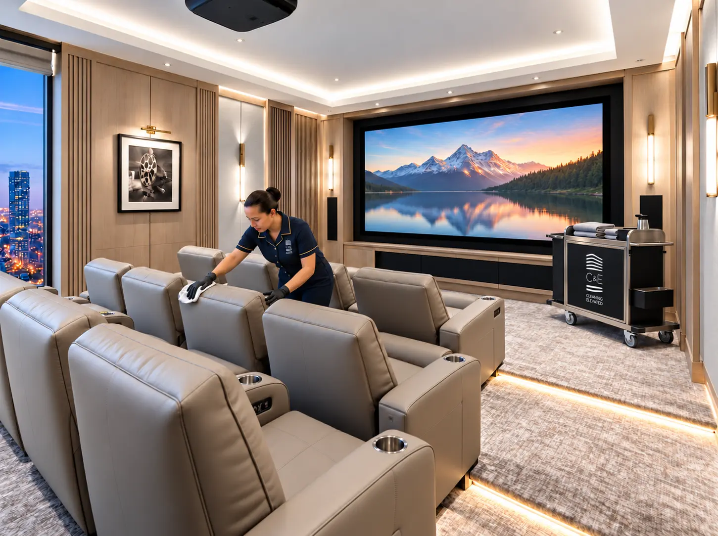 Housekeeper cleaning recliners in a luxury condominium theater room
