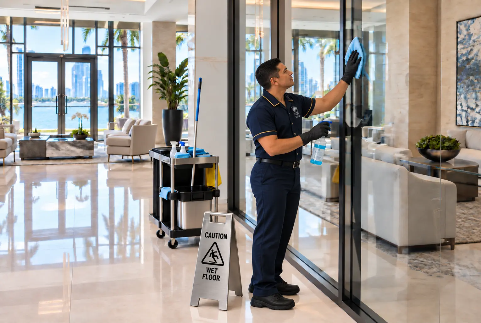 Housekeeper cleaning glass in a completed condominium lobby