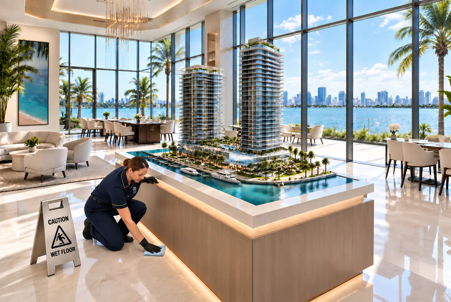 Housekeeper cleaning beside a high-rise scale model in a waterfront sales gallery