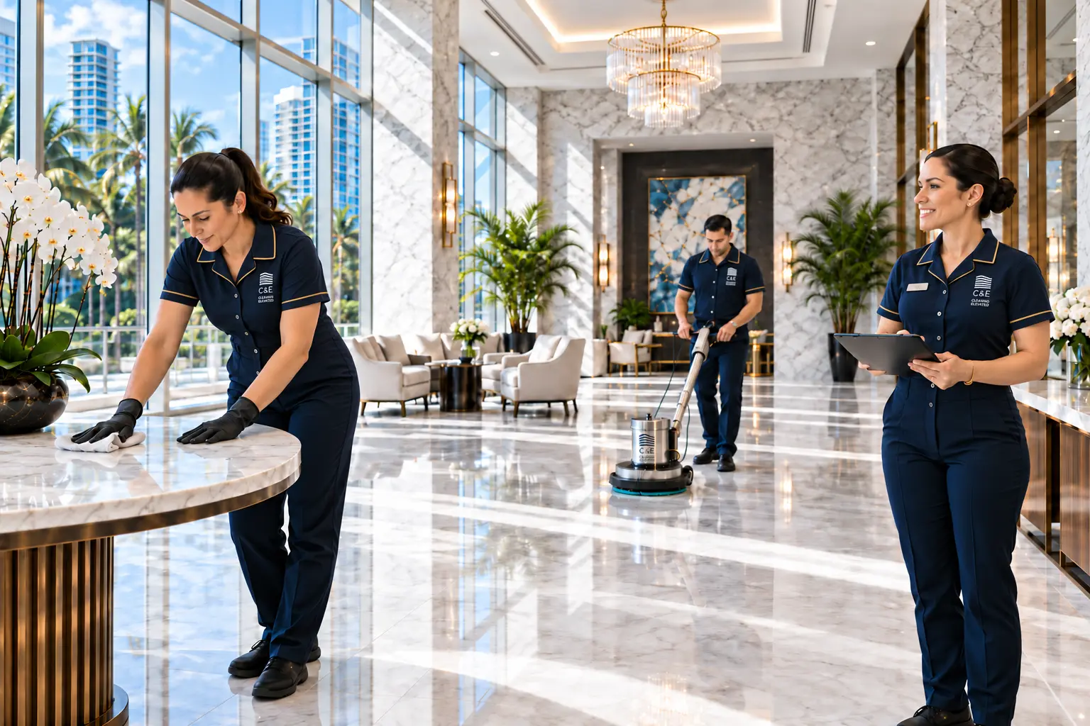 Housekeeping team and supervisor caring for a luxury high-rise condominium lobby