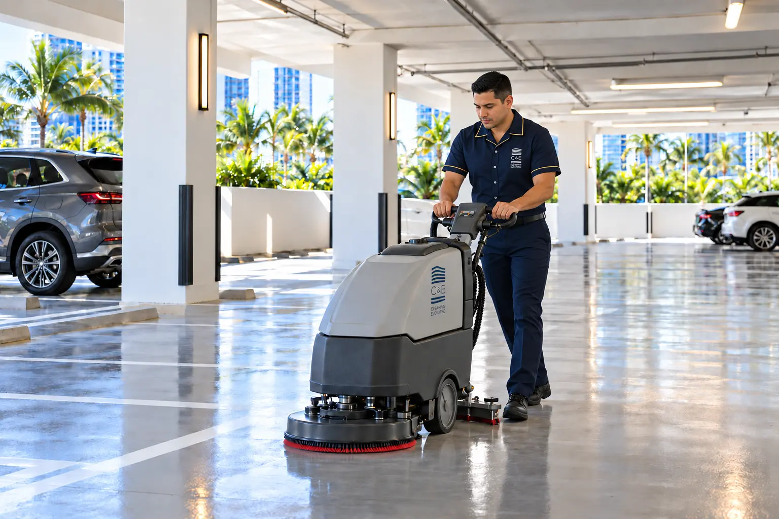 Housekeeper operating an automatic floor scrubber in a condominium parking garage