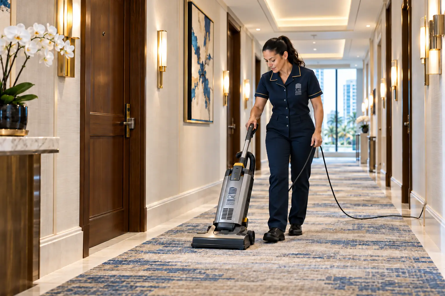Housekeeper vacuuming a carpeted high-rise corridor in a navy uniform