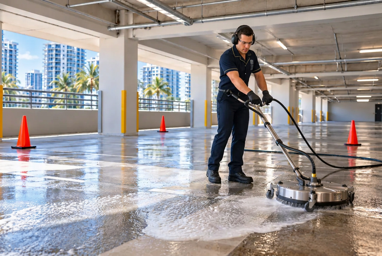 Housekeeper pressure-washing a high-rise parking garage floor