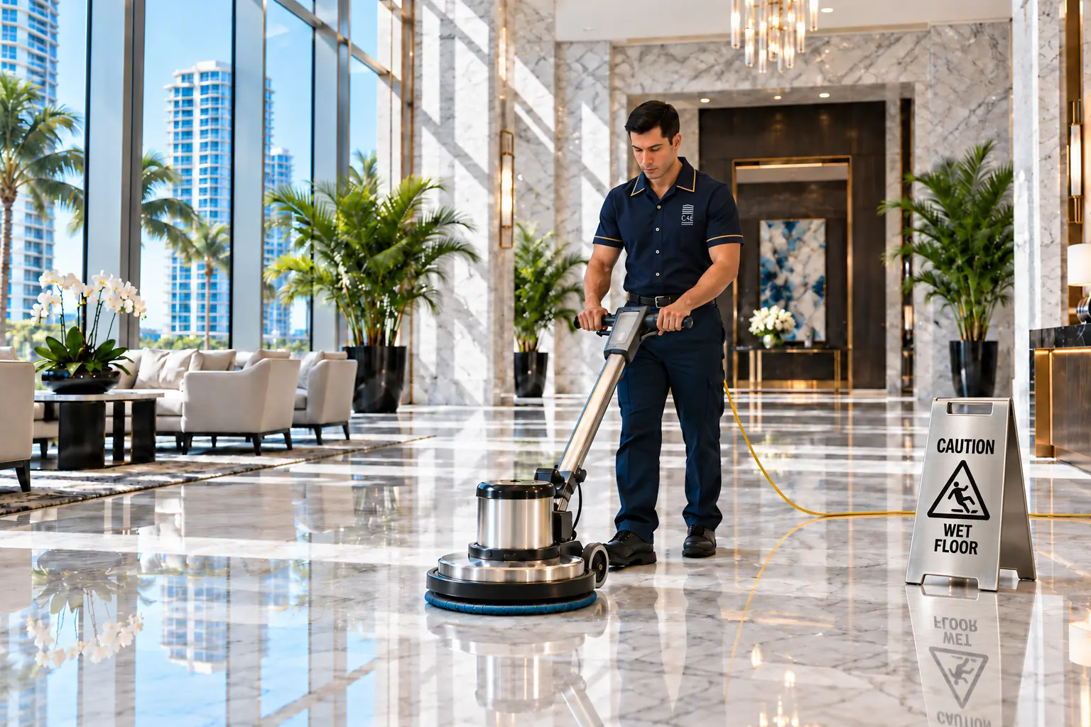 C&E technician buffing a marble condominium floor with a floor machine