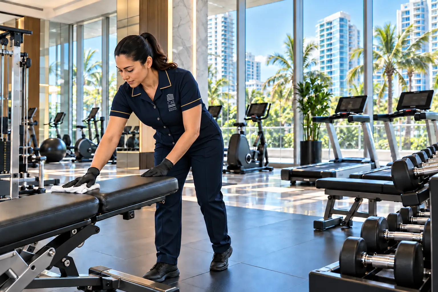 C&E housekeeper wiping down fitness equipment in a condominium gym