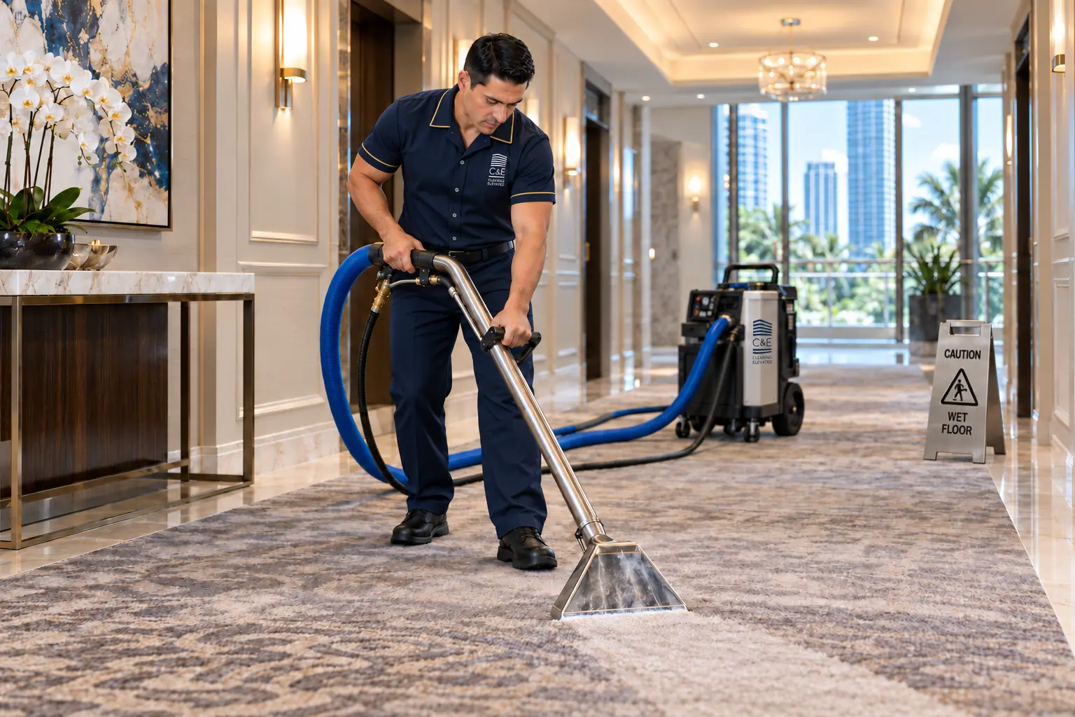 Housekeeper deep-cleaning a high-rise corridor carpet with extraction equipment