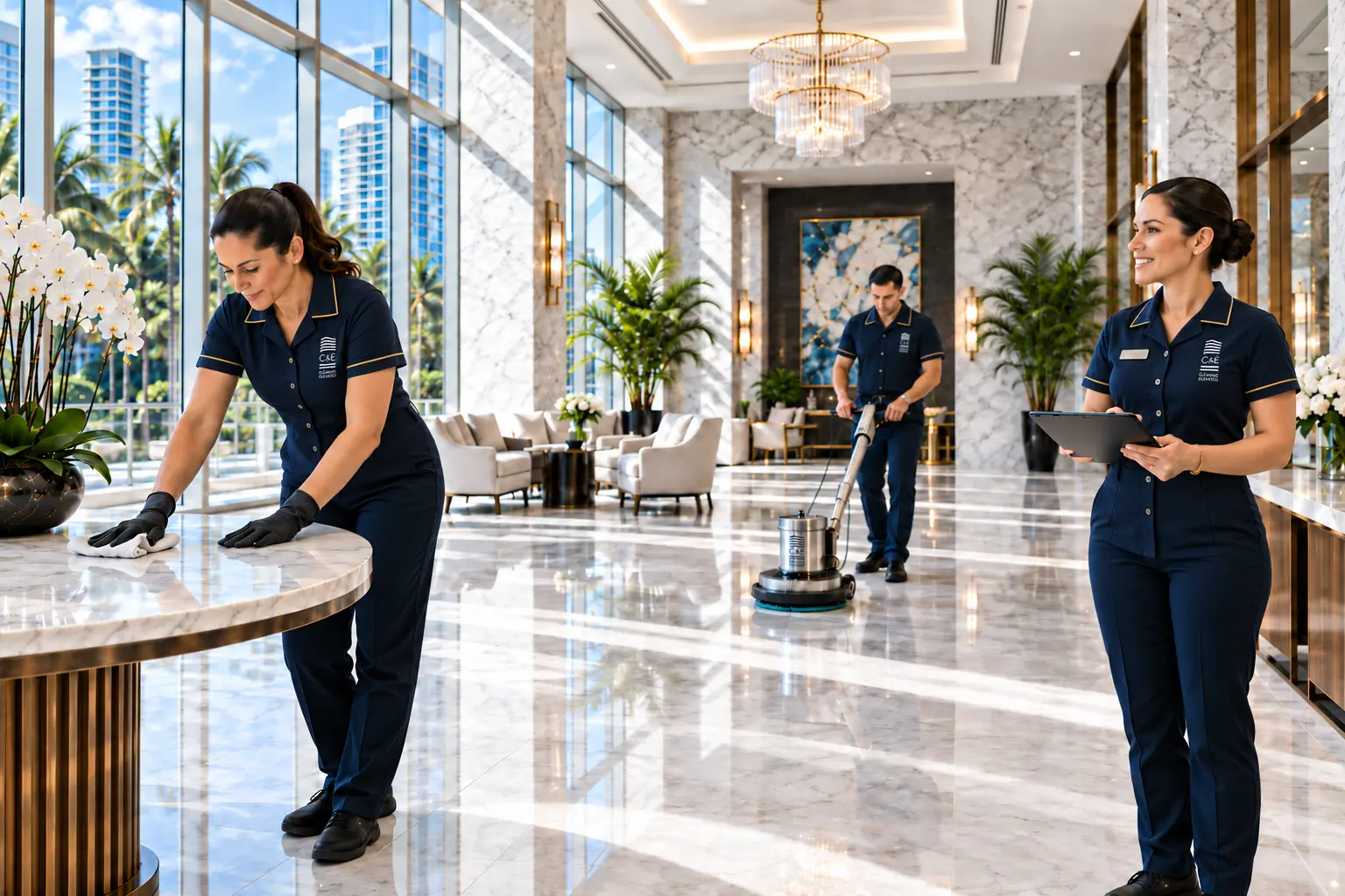 C&E housekeeping team members standing together in a luxury condominium lobby