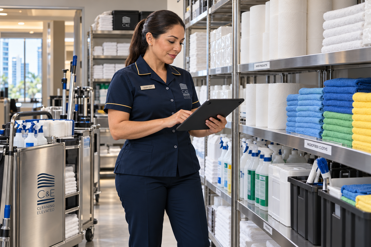 C&E supervisor checking cleaning supply inventory on a tablet in a stocked janitorial storeroom