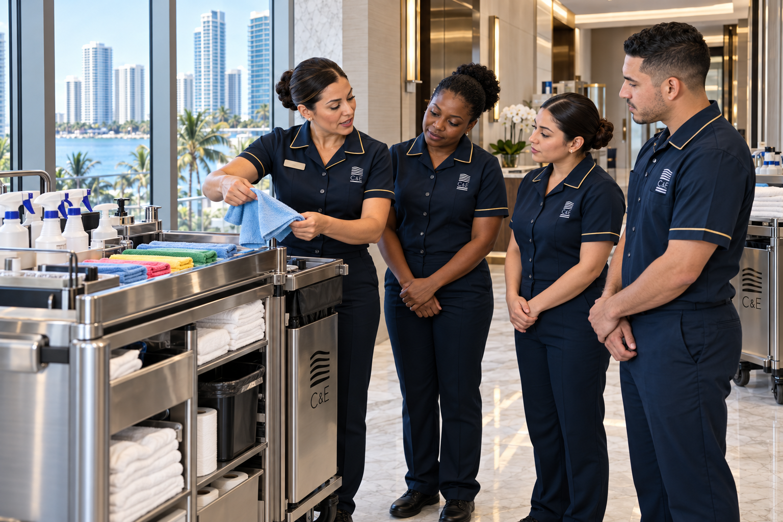 C&E supervisor demonstrating cleaning techniques to three housekeepers beside a janitorial cart