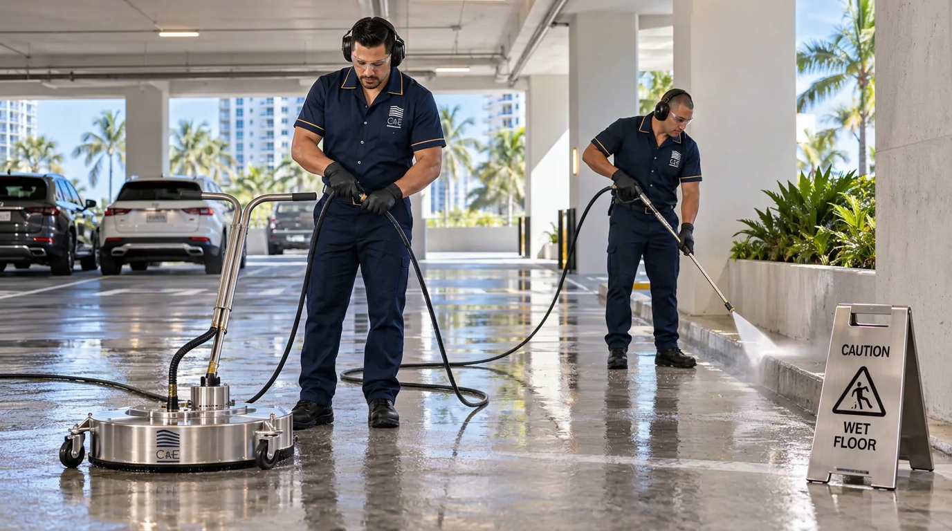 Two C&E technicians power washing a condominium parking garage with a surface cleaner and wand