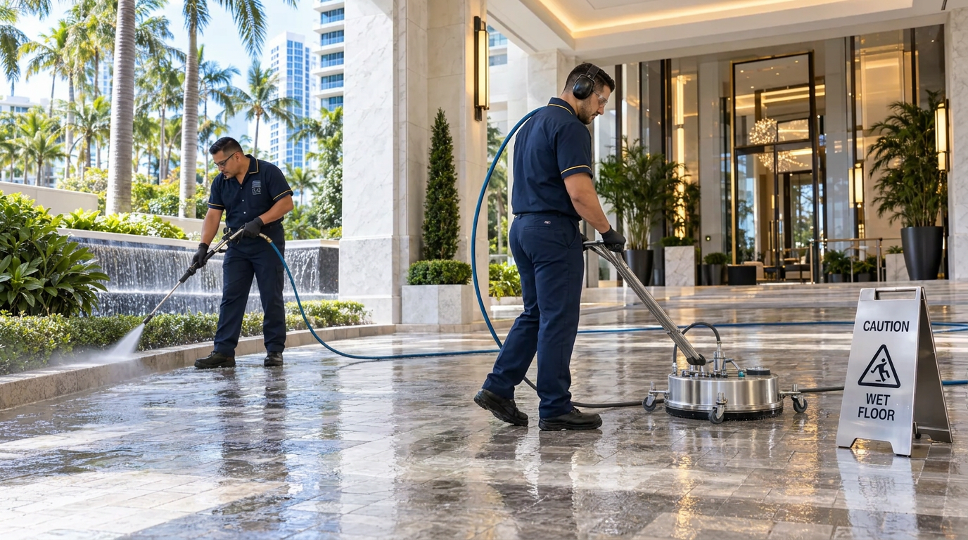 C&E technician power washing a building entrance driveway