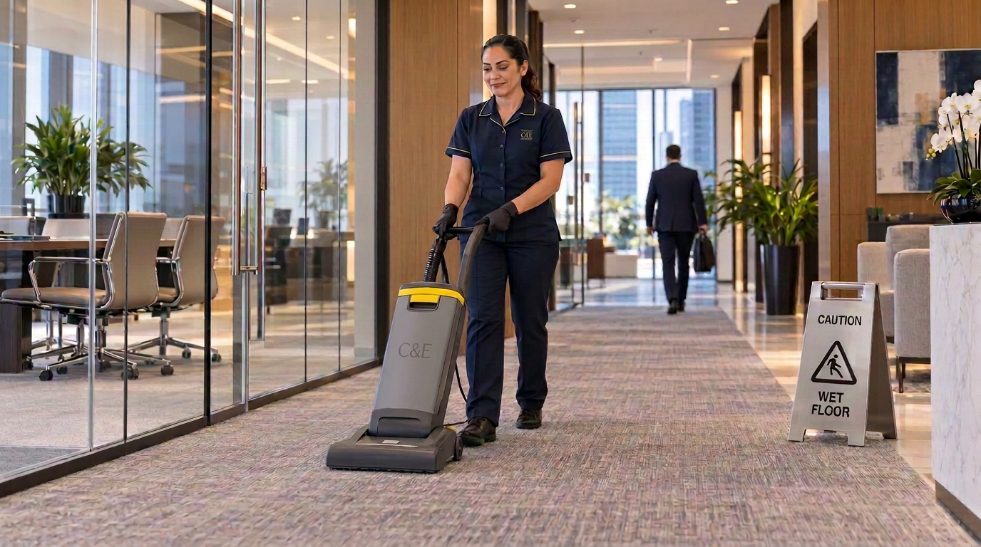C&E housekeeper vacuuming a carpeted corridor in a Class A office building