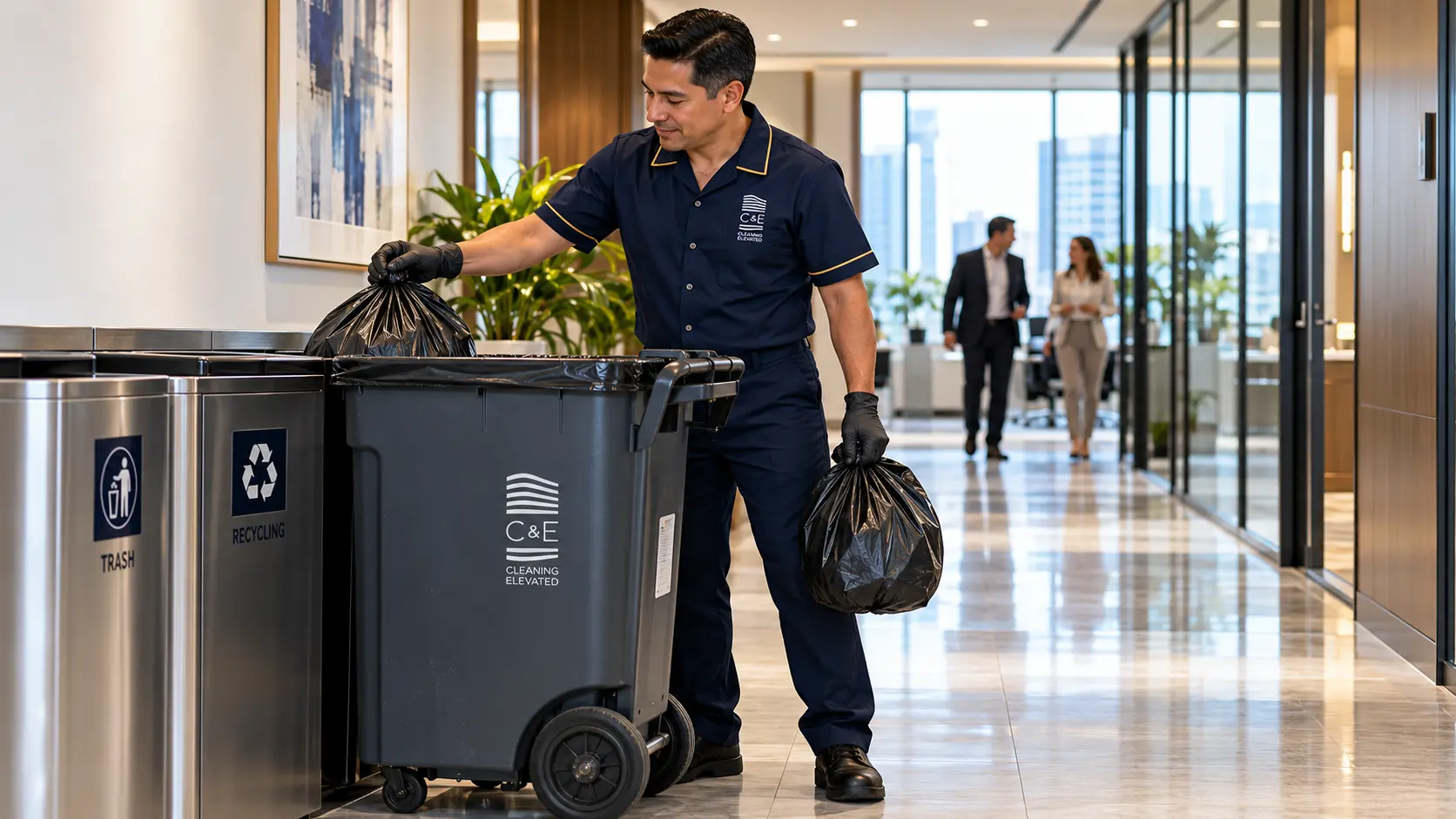 C&E porter removing trash from an office common area