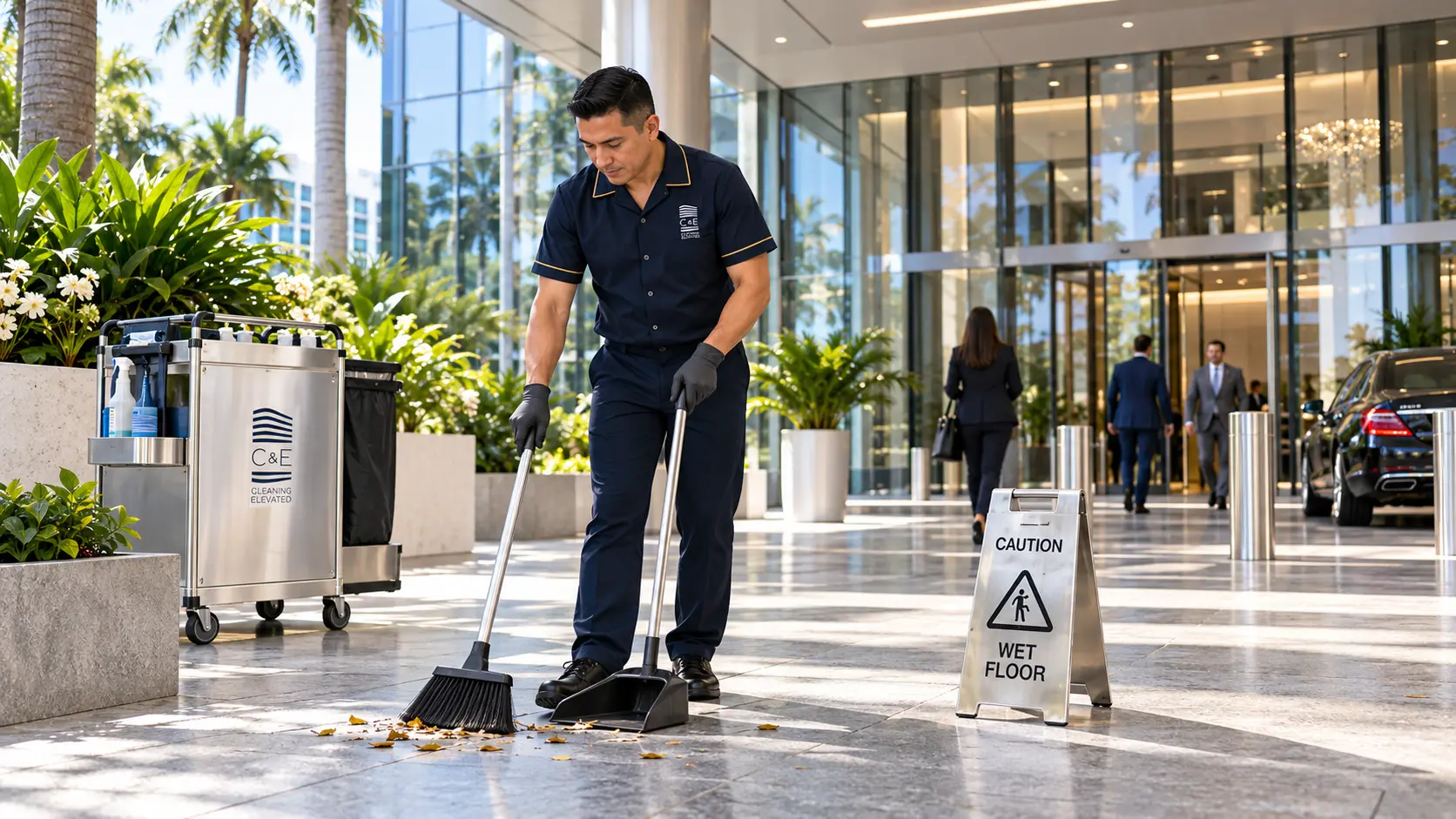 C&E exterior day porter sweeping the entrance plaza of an office building