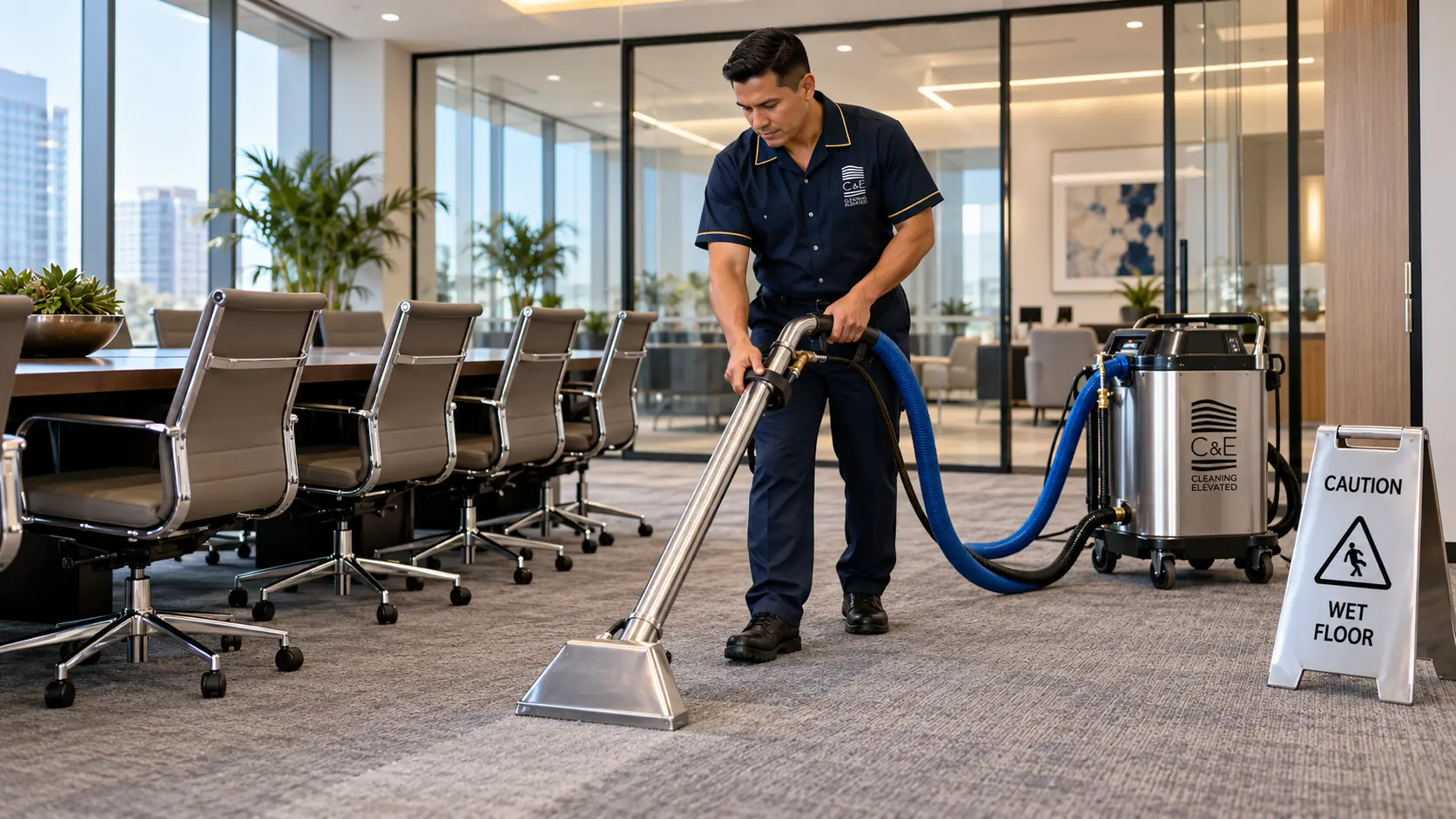 Housekeeper shampooing office carpet with commercial equipment