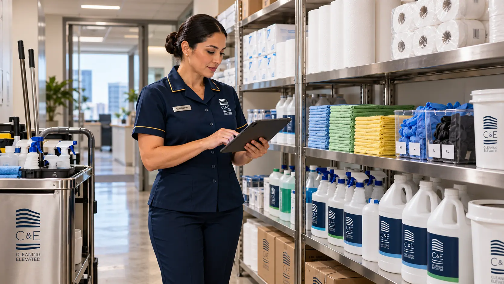 Supervisor reviewing organized cleaning supplies in a stockroom