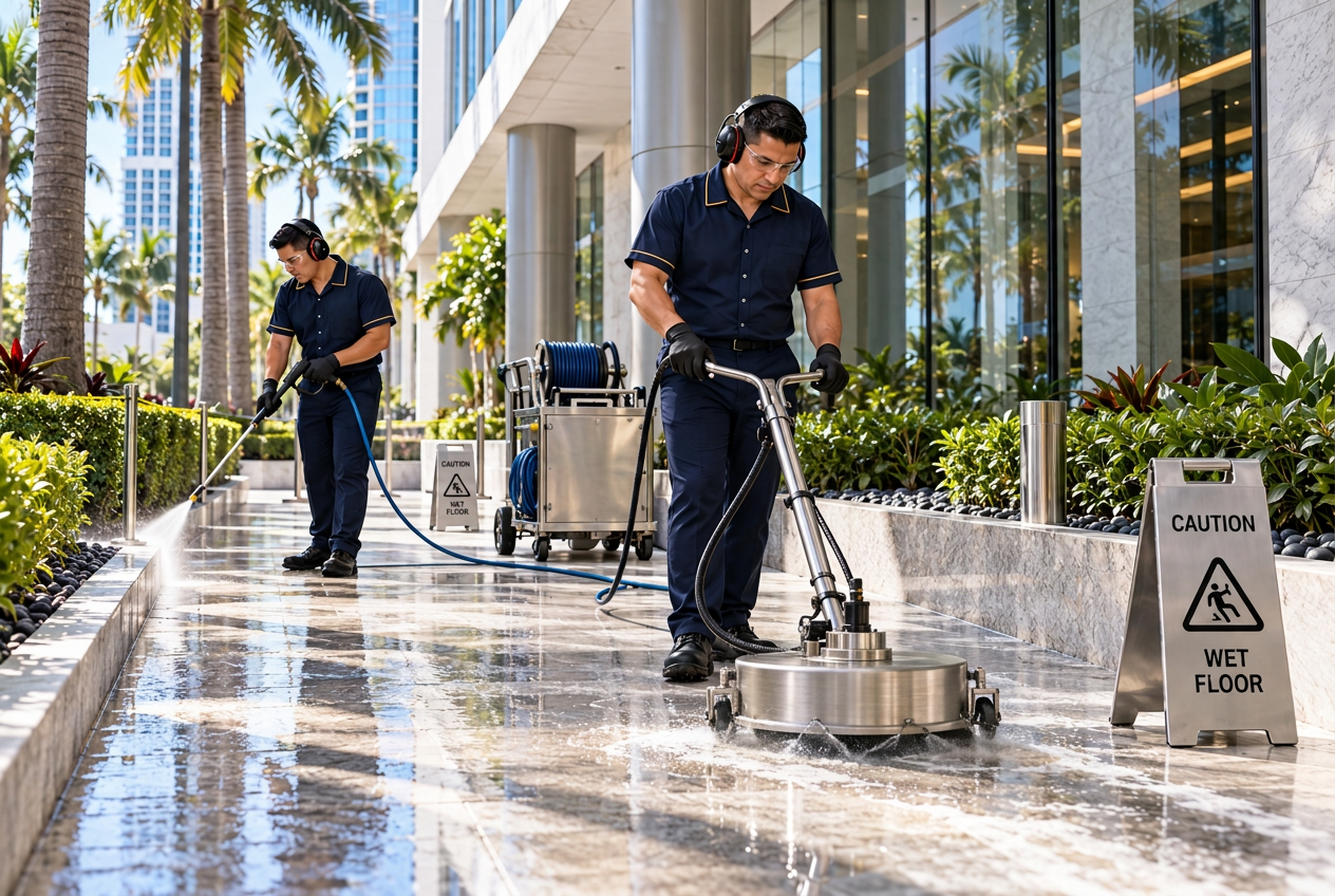 C&E technician power washing the exterior perimeter of an office building