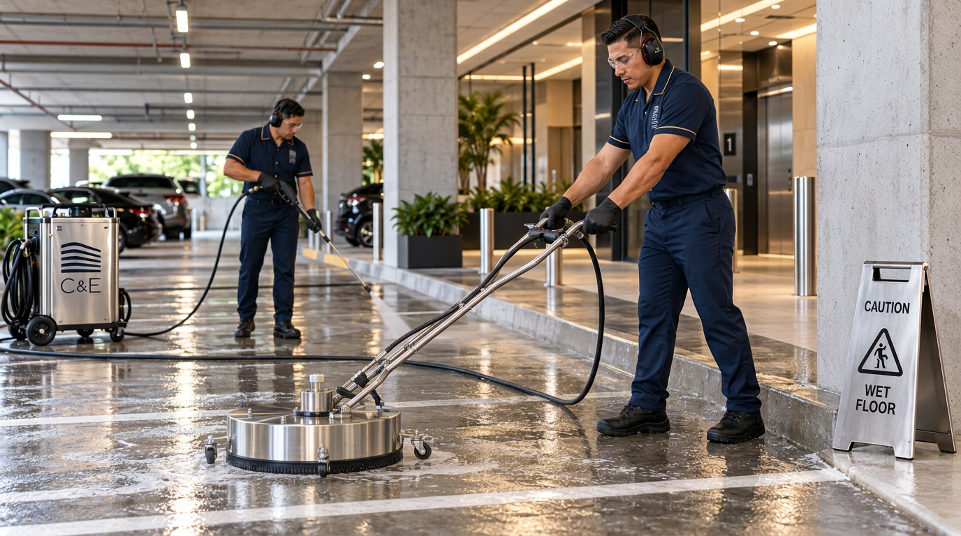 C&E technician power washing an office parking garage
