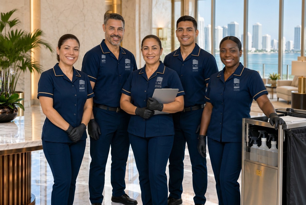 Five smiling C&E housekeeping staff in navy uniforms standing together in a bright luxury condominium lobby