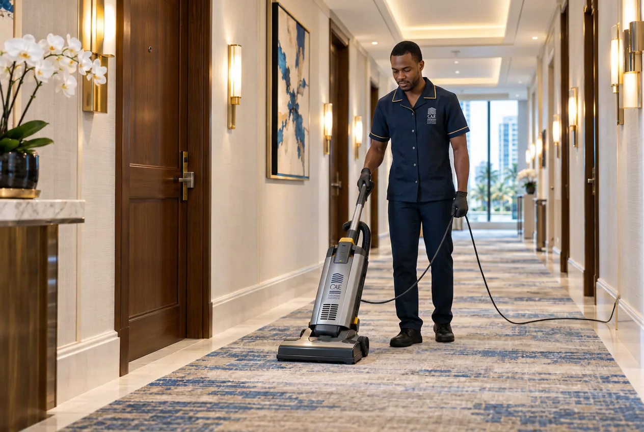 Housekeeper vacuuming a carpeted high-rise condominium corridor