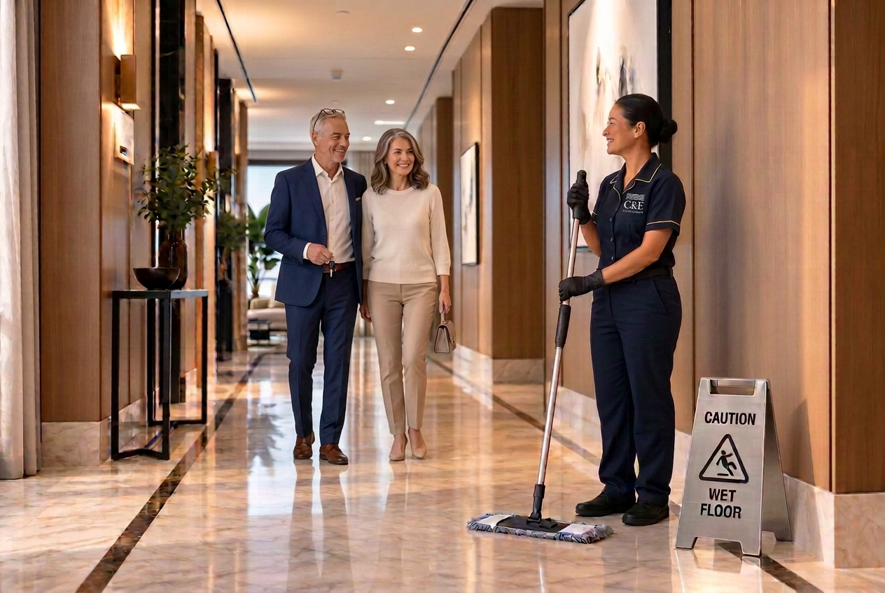 Resident couple walking through a condominium corridor past a housekeeper mopping the marble floor
