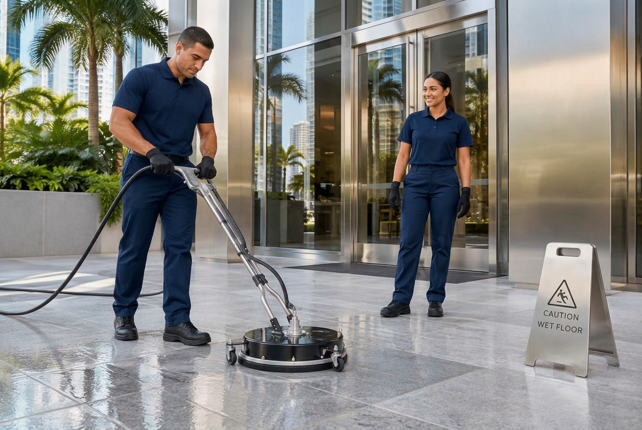 Exterior paving and walkway being cleaned at a commercial property