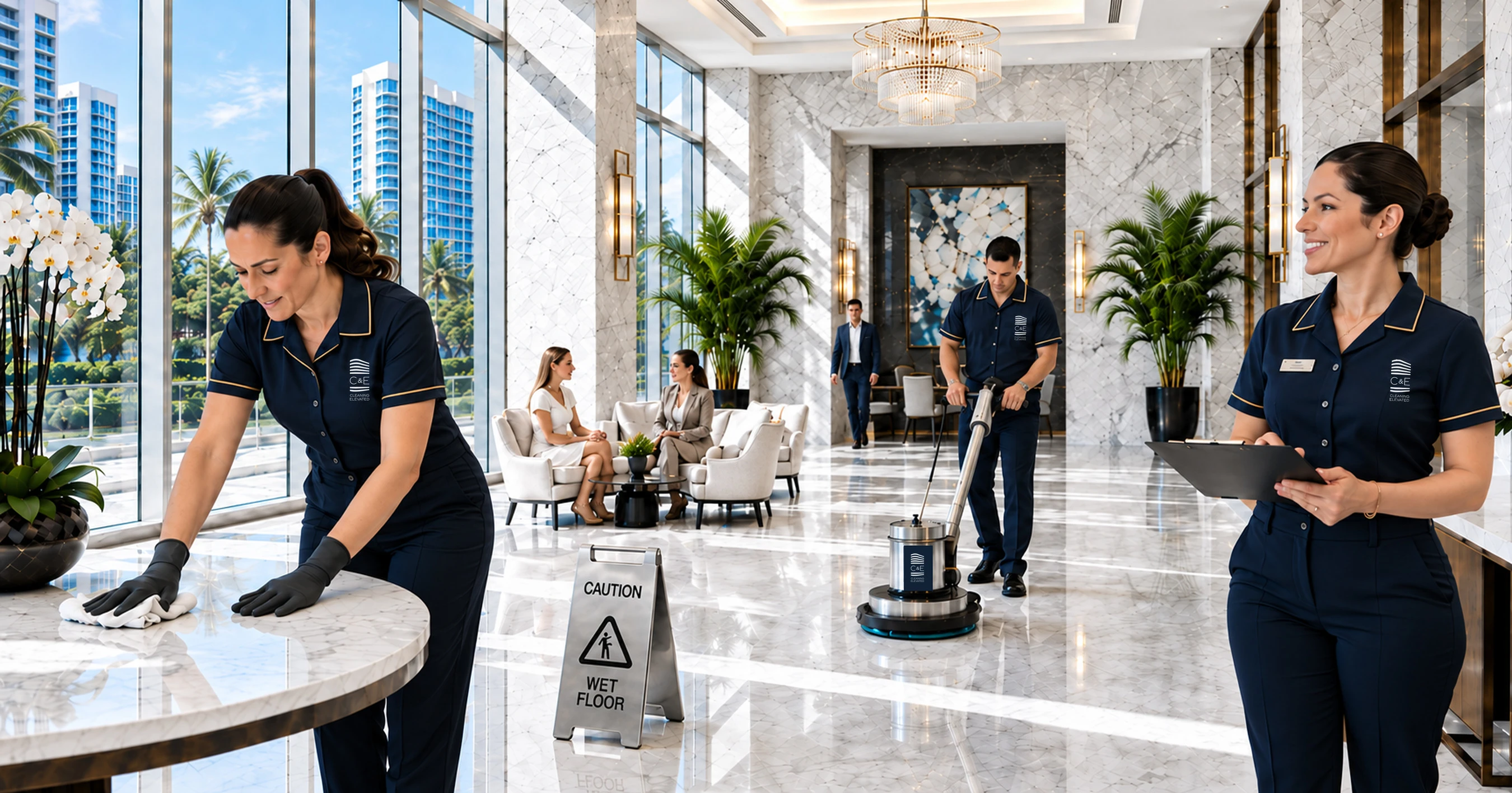 C&E housekeeping team in navy uniforms caring for a bright marble condominium lobby while residents relax