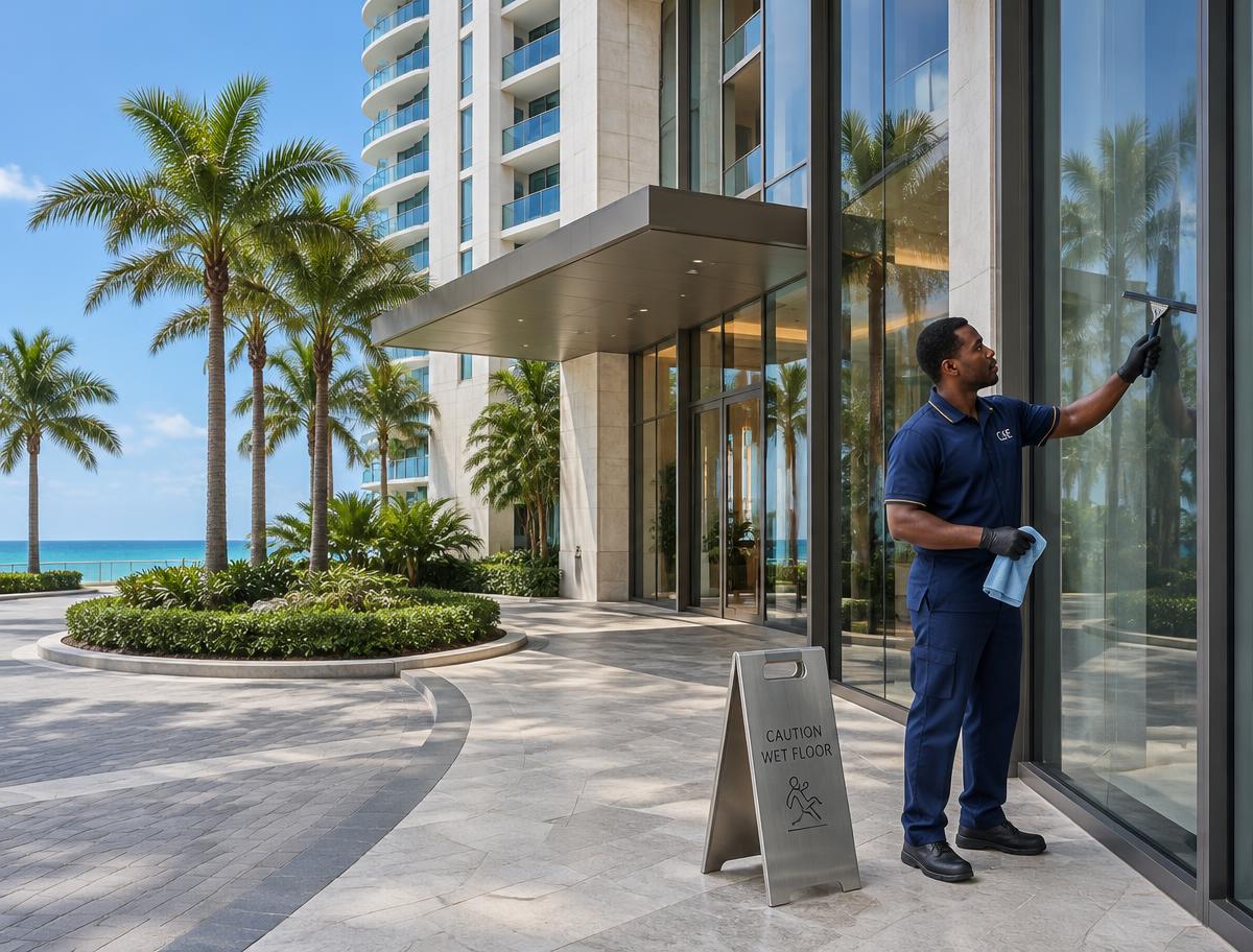 C&E housekeeper squeegee-cleaning the ground-floor entrance glass of a luxury condominium at the drop-off driveway