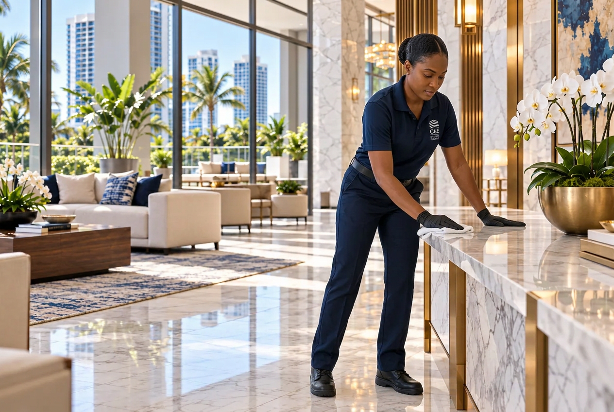 C&E housekeeper in a navy uniform and black gloves polishing a marble reception counter in a sunlit luxury condominium lobby
