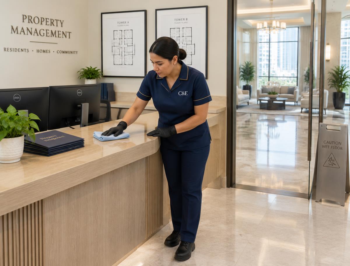 C&E housekeeper in a navy uniform and black gloves wiping down a property management office reception desk