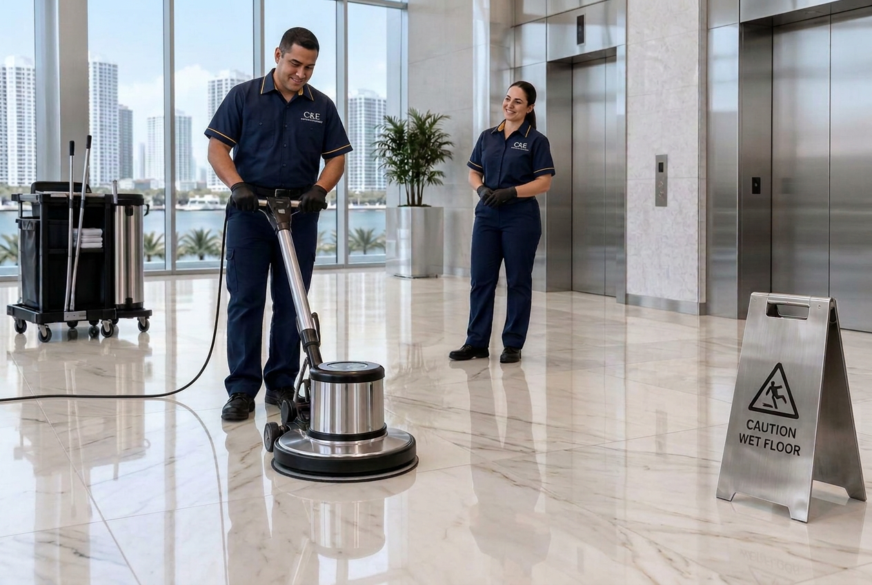 C&E technicians polishing a veined luxury marble lobby floor with a rotary floor machine