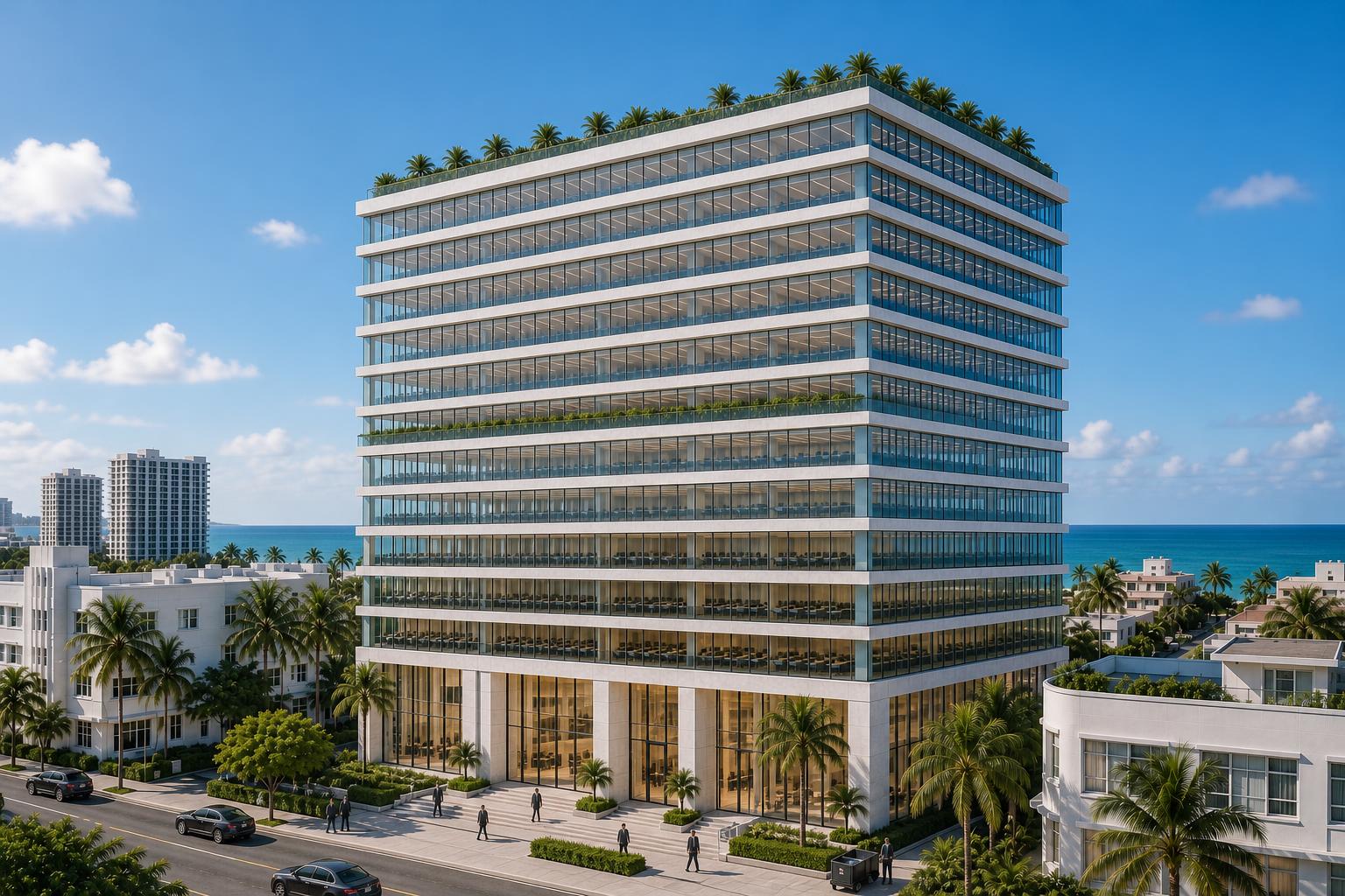 AI-generated luxury boutique office building in Miami Beach with white stone, glass tenant suites, landscaped terraces, a grand lobby and exterior arrival areas