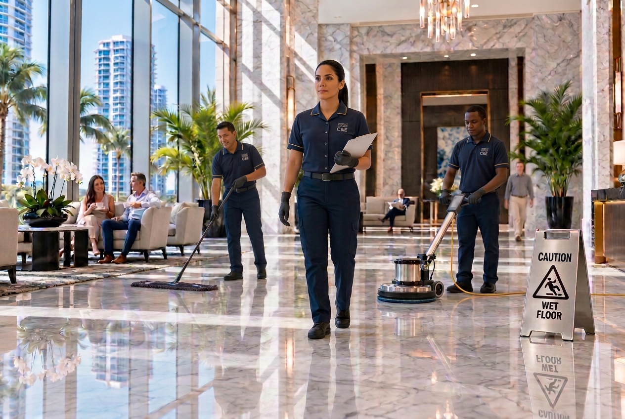 Female C&E supervisor leading uniformed housekeepers in a condominium lobby