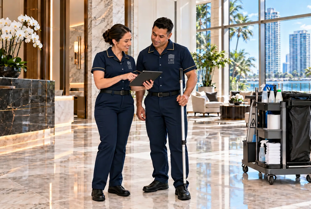 Two housekeeping team members reviewing a tablet beside their janitorial cart in a condominium lobby