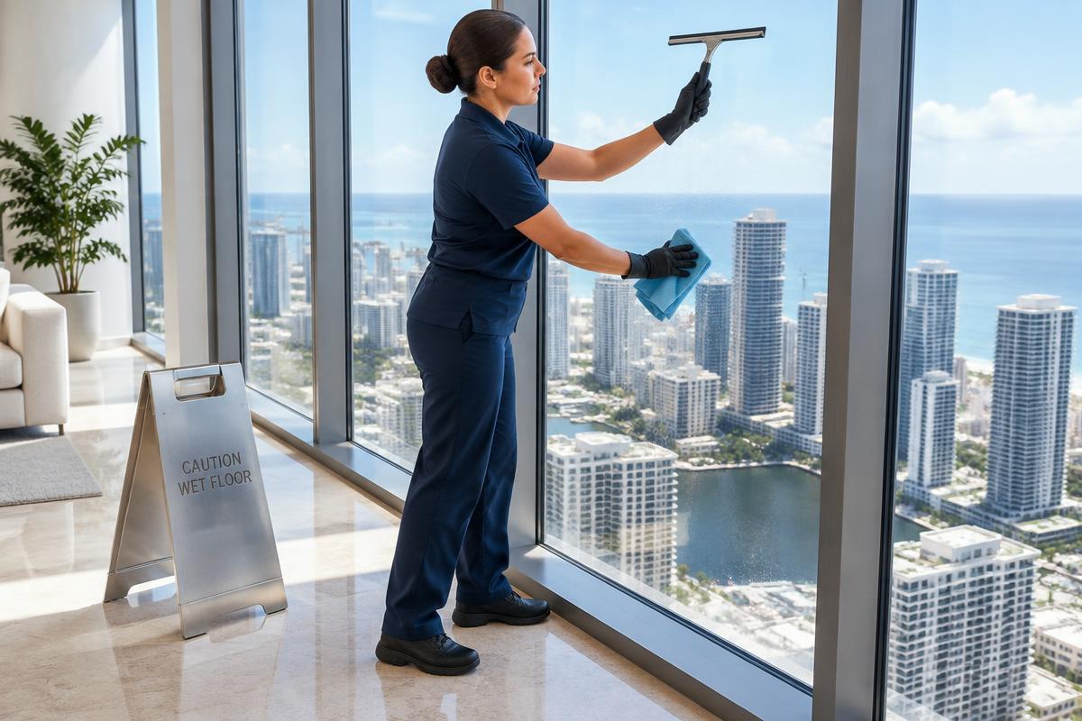 C&E housekeeper providing windows & glass as part of an apartment turnover